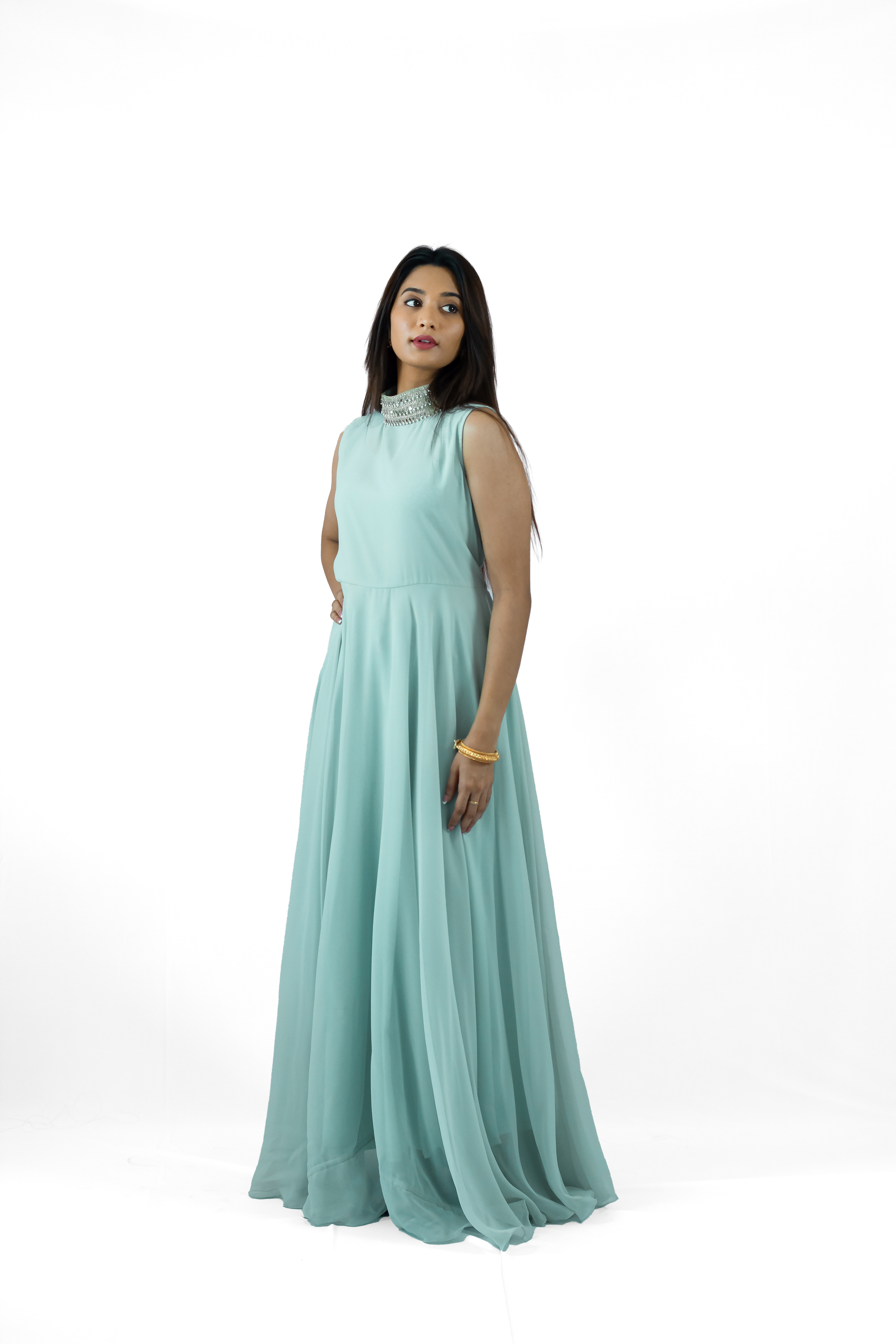 TVESHA- High Collar Floor Length Womens Gown - Sky blue