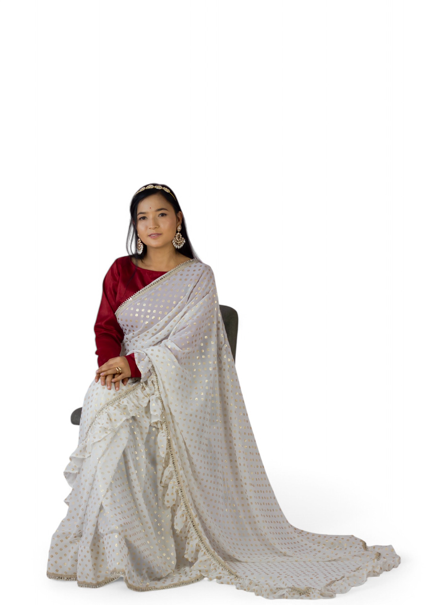 HAWA MAI UDTA JADOO- White Georgette Ruffled Saree for Women - Customizable