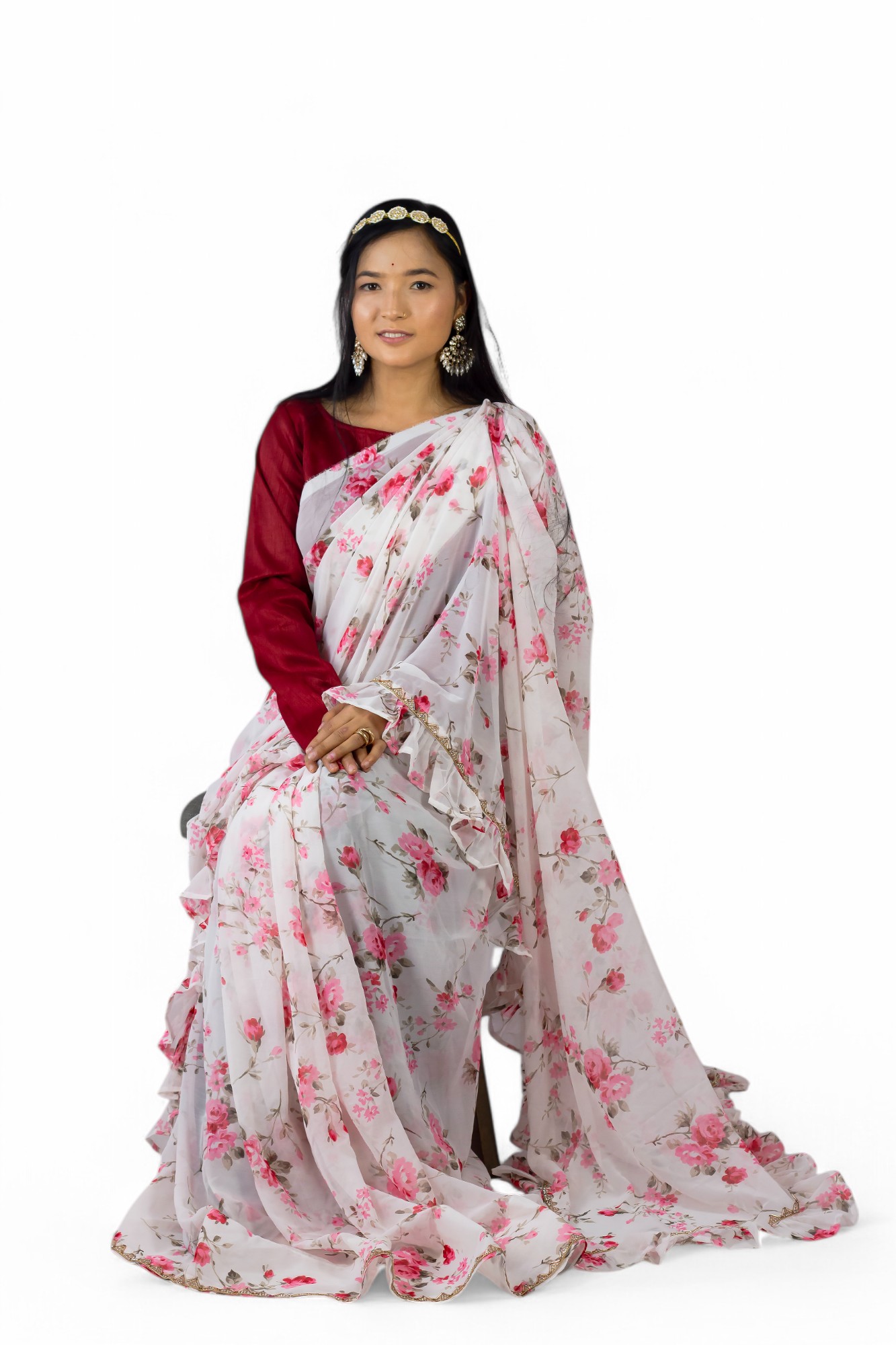 SAREE POTTER- White floral Georgette Frill /Ruffled Saree