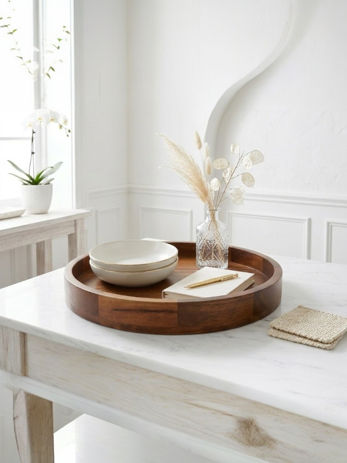 BHUMI- Large Wooden Round Tray for Jewelry , Keys,  Cosmetics
