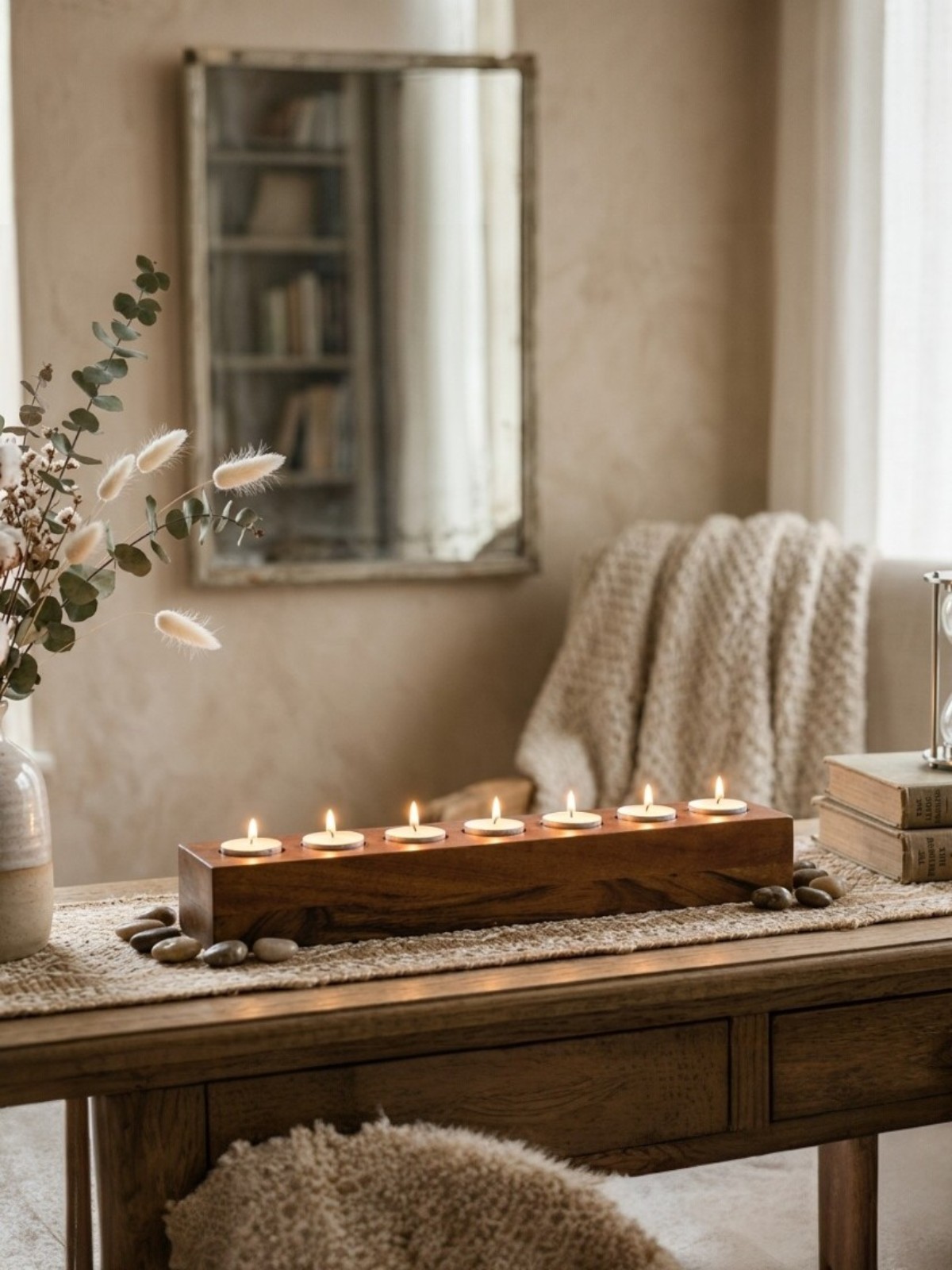 SERENITY SEVEN- Wooden Seven Slot Tea Light Candle Holder