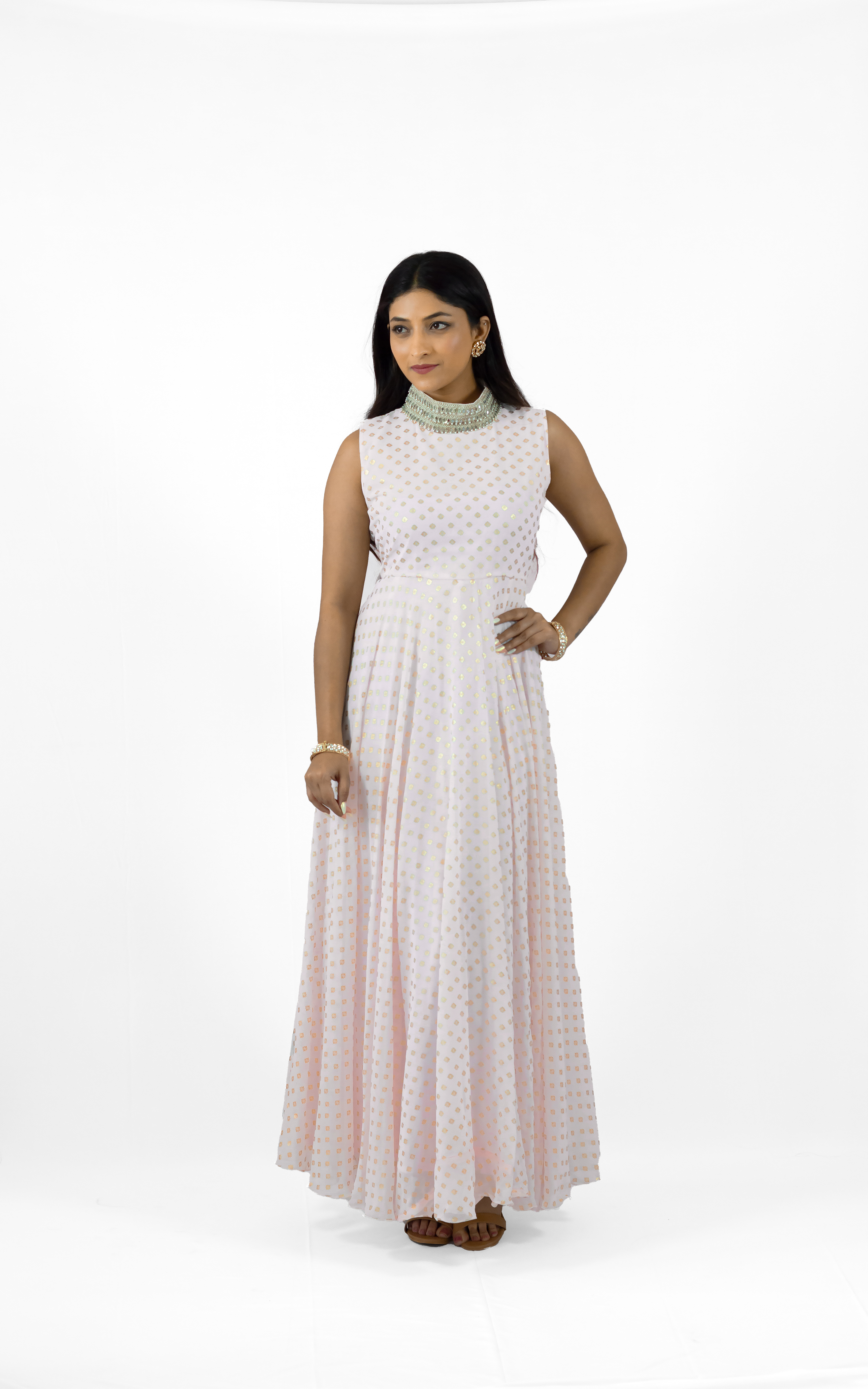 TVESHA-High Collar Indo western Womens Gown- Baby Pink
