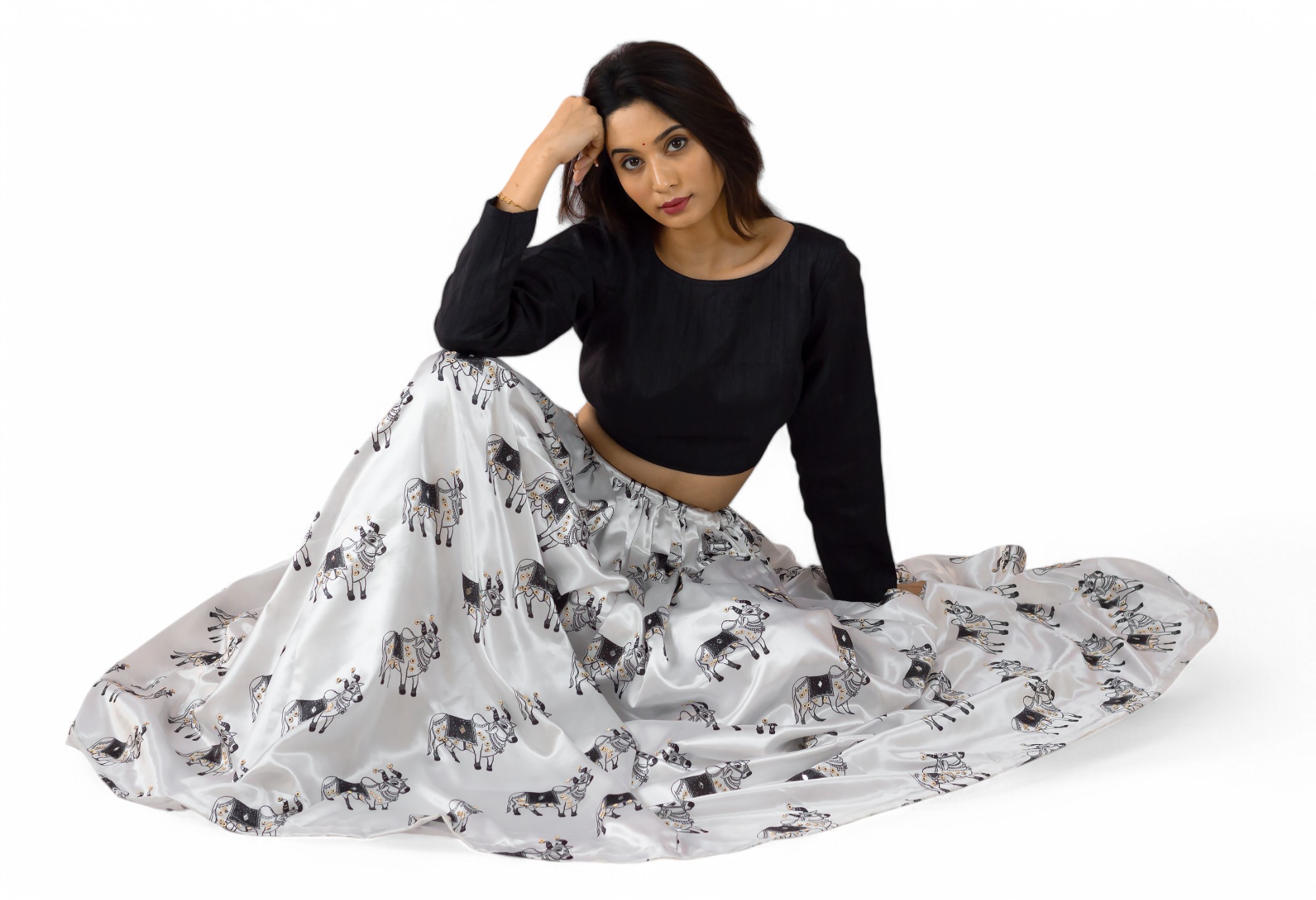 VRISHABHA VAIBHAVA- Bull Printed Embellished Black & White Lehenga