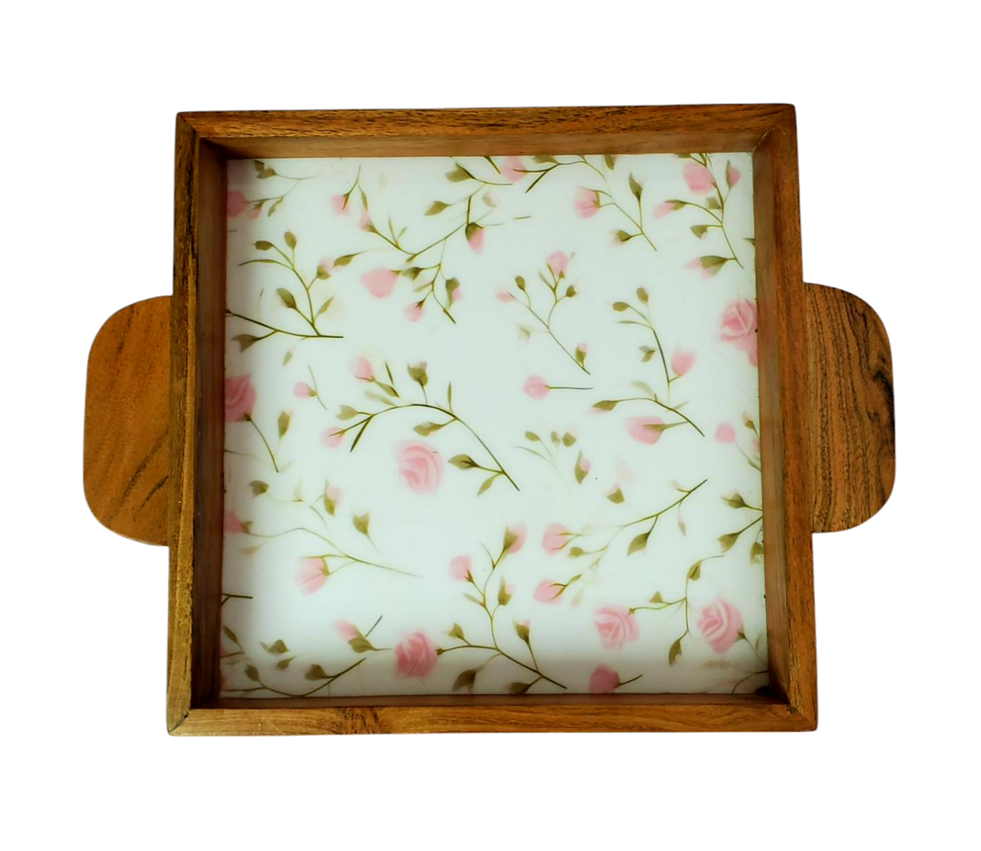 BEAU CARRE- Enamel Inlay Floral Wooden Tray