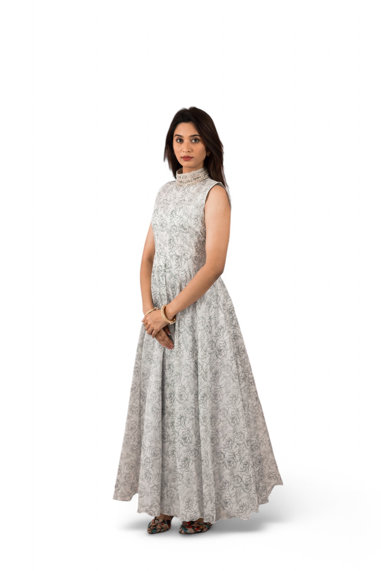 TVESHA- High Collar Floor Length Indo Western women's Gown- Black & White