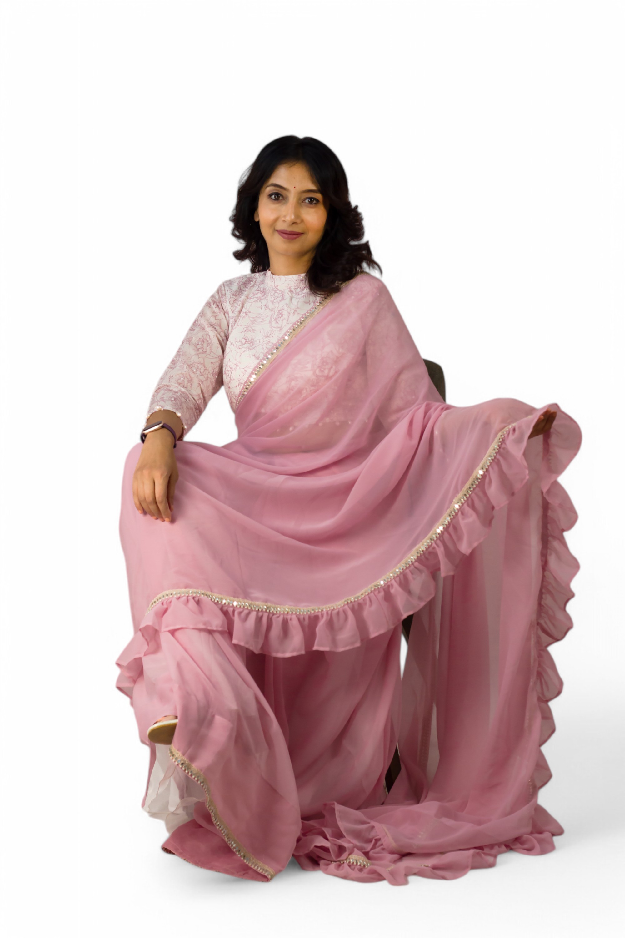JHALAK- Baby Pink Plain Georgette ruffled/Frill Saree with Lace