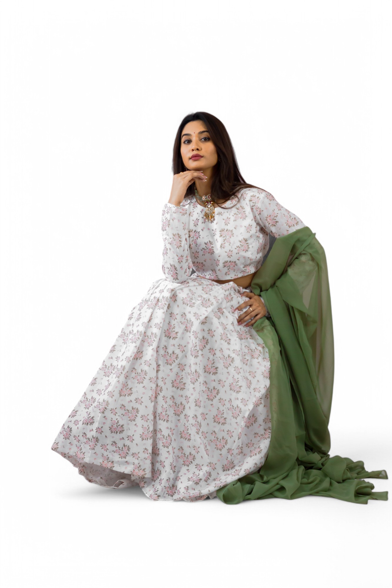 IVARA-Cream Rose Printed Linen Womens Lehenga